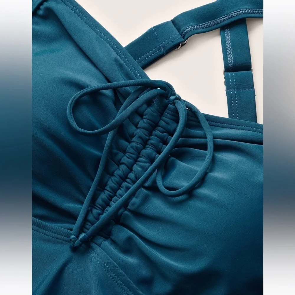 BloomChic Plus Size XL Plain Gathered Adjustable Straps Drawstring Swim Dress - Picture 5 of 8